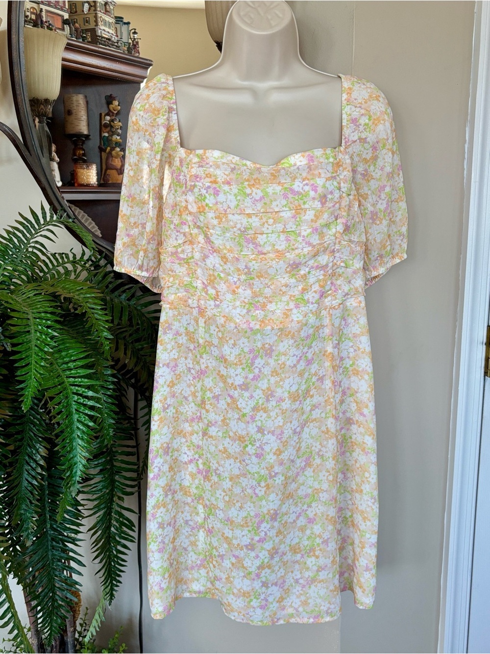 Elodie Pastel Floral Mini Dress Sweetheart Puff Sleeve Lightweight Lined A-Line